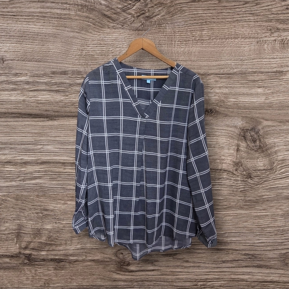 Penmans Plaid V-Neck Blouse - Gray And White Size 14